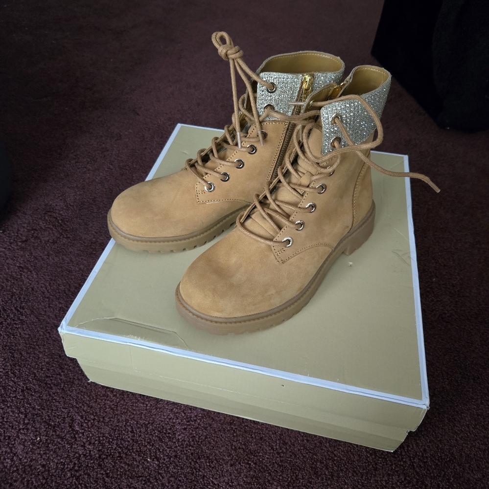 Michael Kors Tan and Silver Combat Boots with Padded Ankle